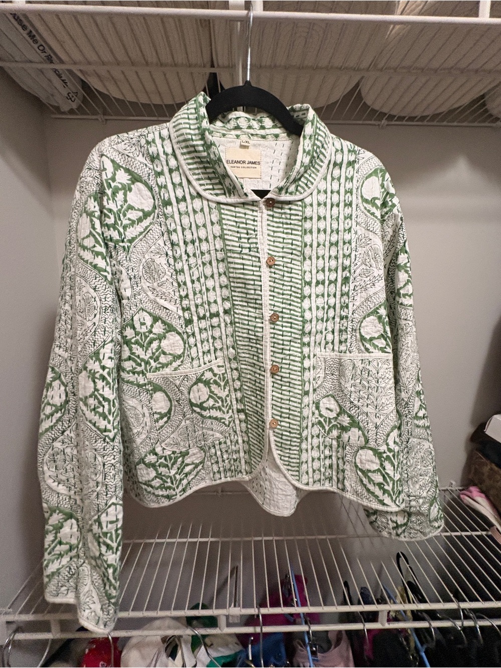 Green & White Quilted Cropped Blazer